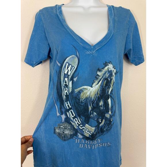 Harley-Davidson War Horse Ocala Florida Blue V-Neck Graphic Tee Size M - Picture 2 of 7